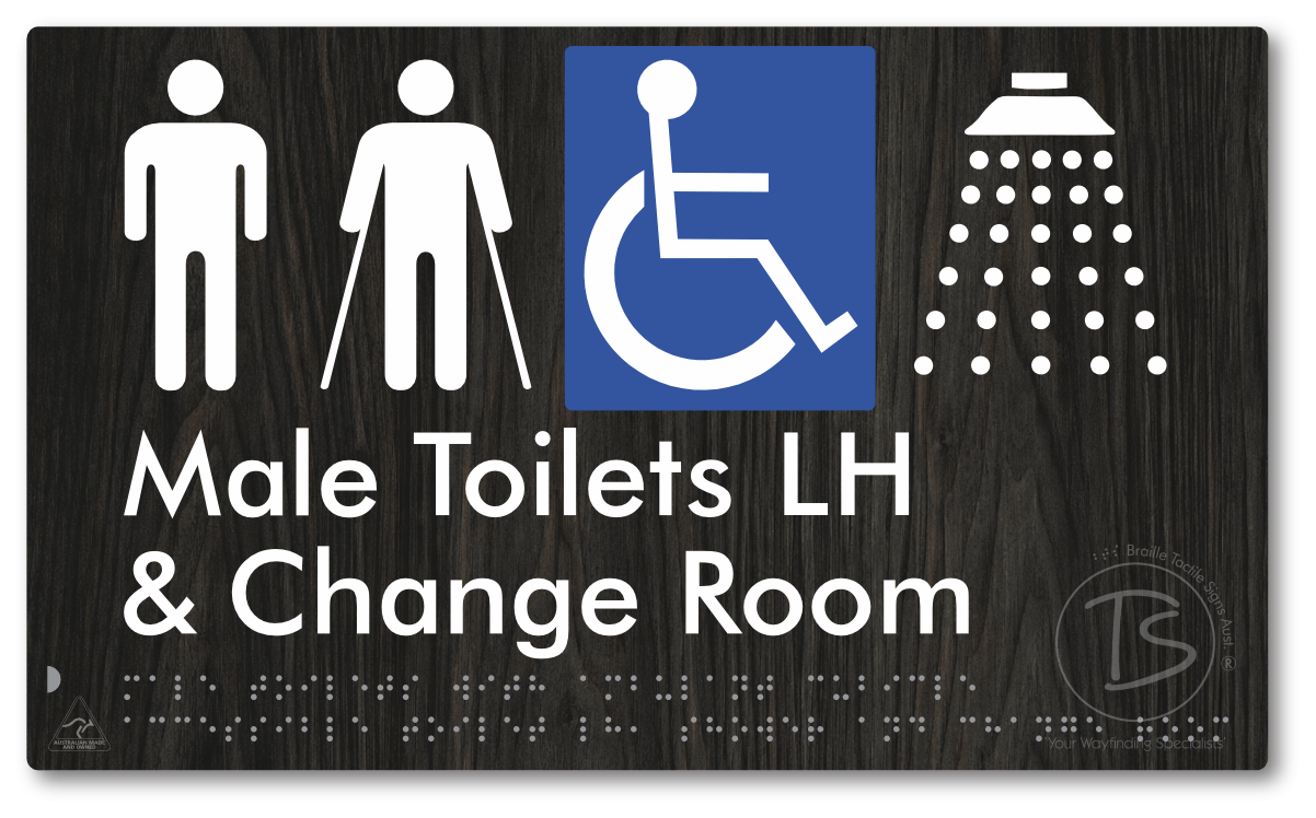 Male Toilets with Ambulant Cubicle Accessible Toilet LH, Shower and Change Room - Braille Tactile Signs Aust.
