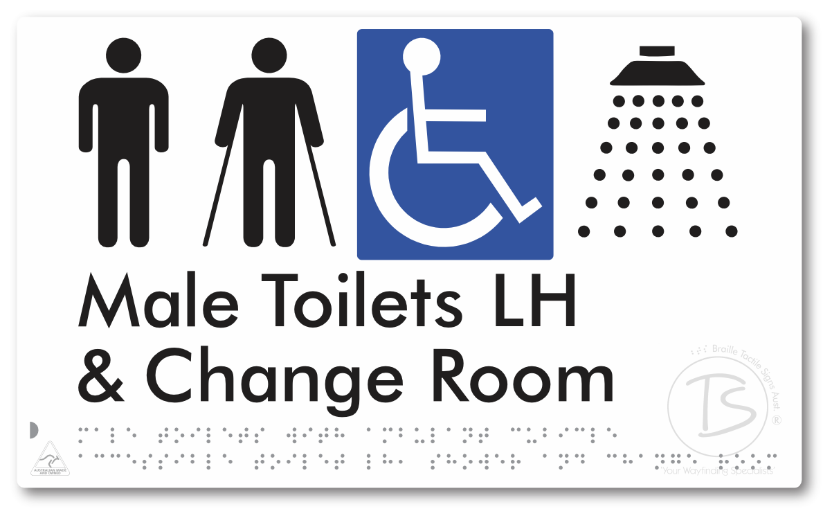 Male Toilets with Ambulant Cubicle Accessible Toilet LH, Shower and Change Room - Braille Tactile Signs Aust.