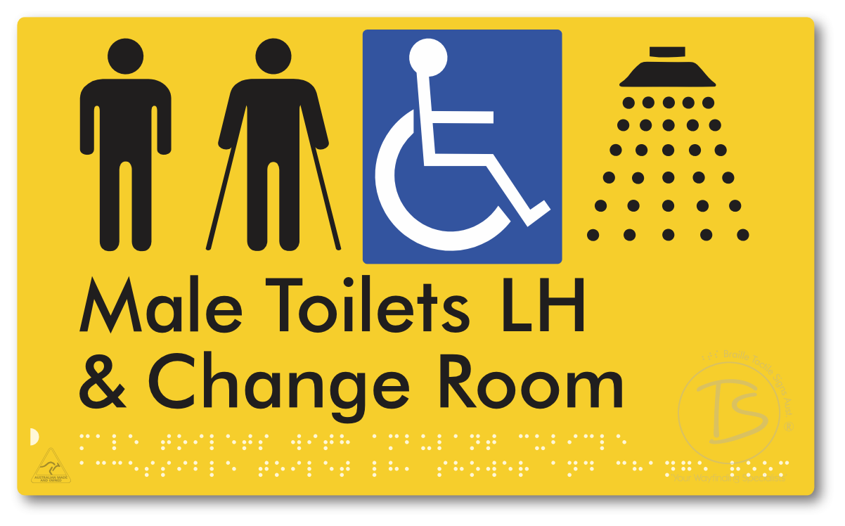 Male Toilets with Ambulant Cubicle Accessible Toilet LH, Shower and Change Room - Braille Tactile Signs Aust.