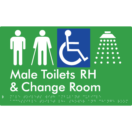 Male Toilets with Ambulant Cubicle Accessible Toilet RH, Shower and Change Room - Braille Tactile Signs Aust.