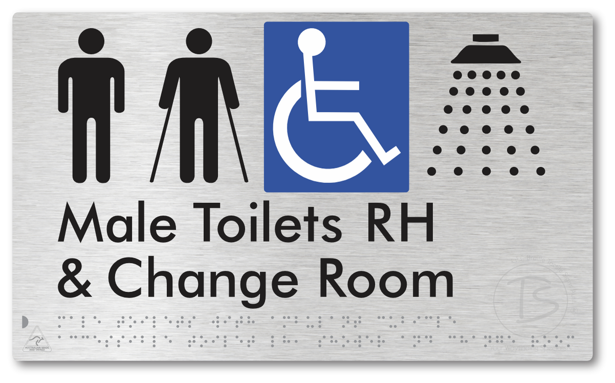 Male Toilets with Ambulant Cubicle Accessible Toilet RH, Shower and Change Room - Braille Tactile Signs Aust.