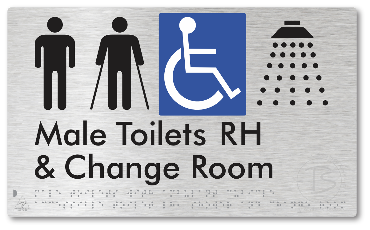 Male Toilets with Ambulant Cubicle Accessible Toilet RH, Shower and Change Room - Braille Tactile Signs Aust.