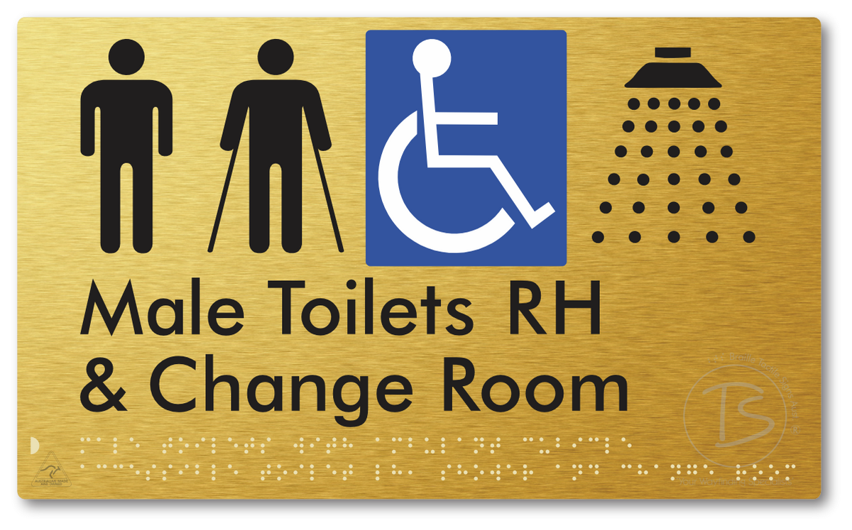 Male Toilets with Ambulant Cubicle Accessible Toilet RH, Shower and Change Room - Braille Tactile Signs Aust.