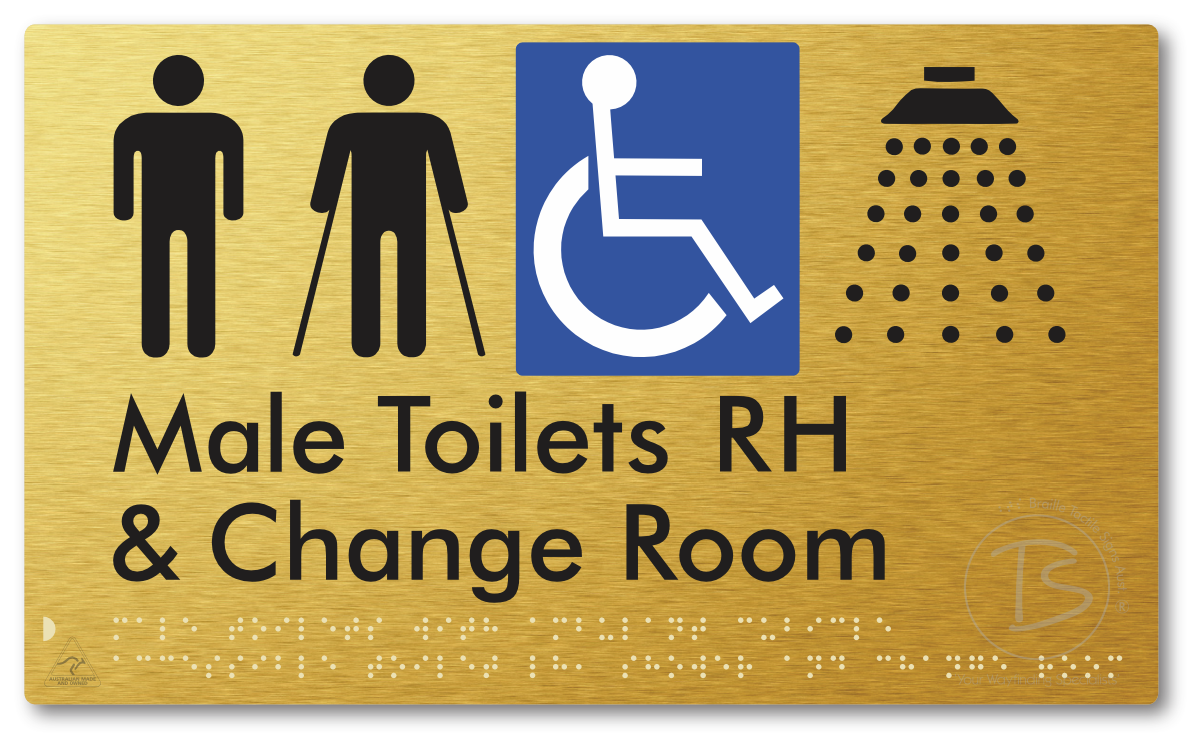 Male Toilets with Ambulant Cubicle Accessible Toilet RH, Shower and Change Room - Braille Tactile Signs Aust.