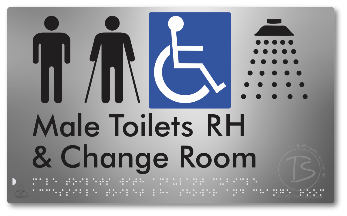 Male Toilets with Ambulant Cubicle Accessible Toilet RH, Shower and Change Room - Braille Tactile Signs Aust.