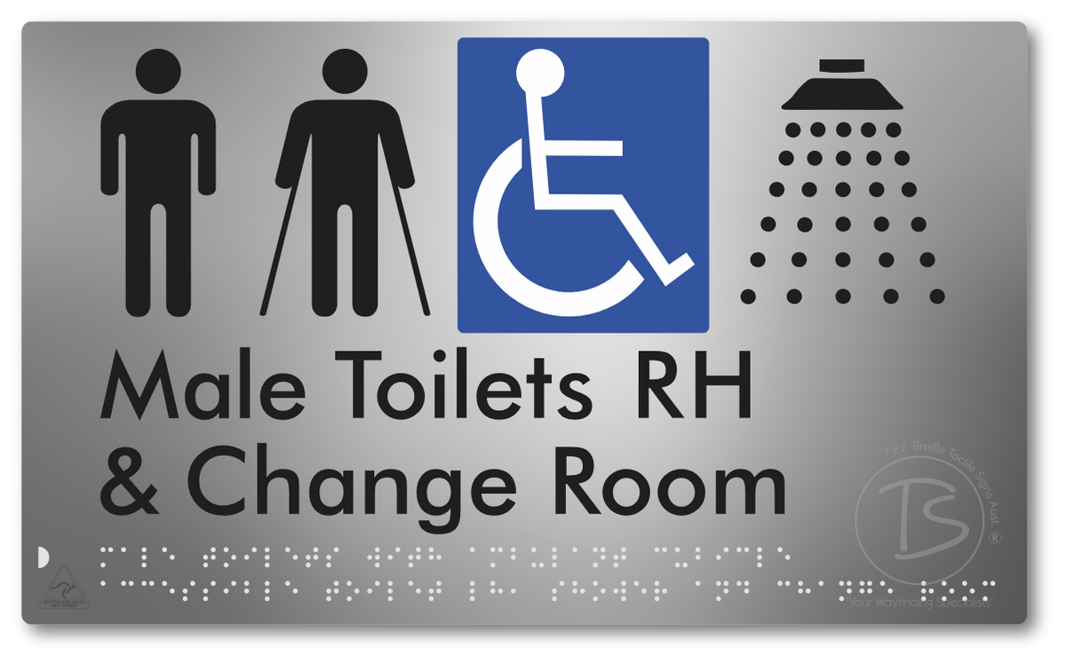 Male Toilets with Ambulant Cubicle Accessible Toilet RH, Shower and Change Room - Braille Tactile Signs Aust.