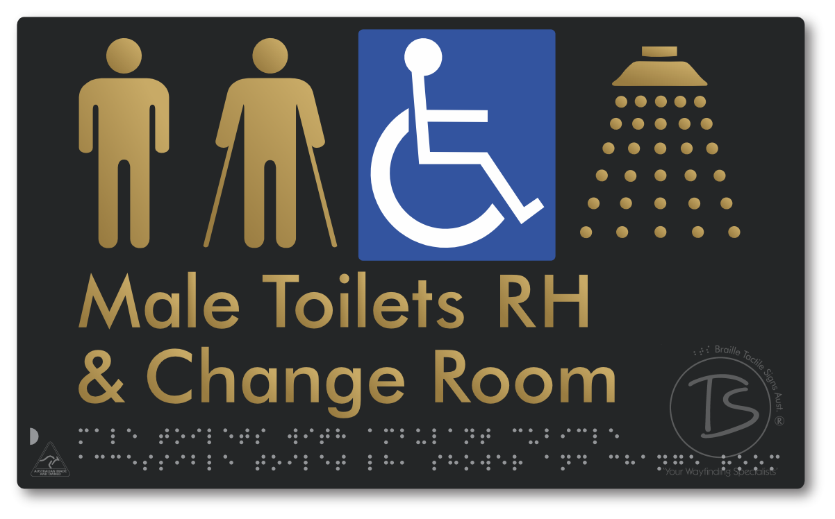 Male Toilets with Ambulant Cubicle Accessible Toilet RH, Shower and Change Room - Braille Tactile Signs Aust.