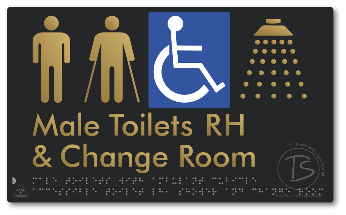 Male Toilets with Ambulant Cubicle Accessible Toilet RH, Shower and Change Room - Braille Tactile Signs Aust.