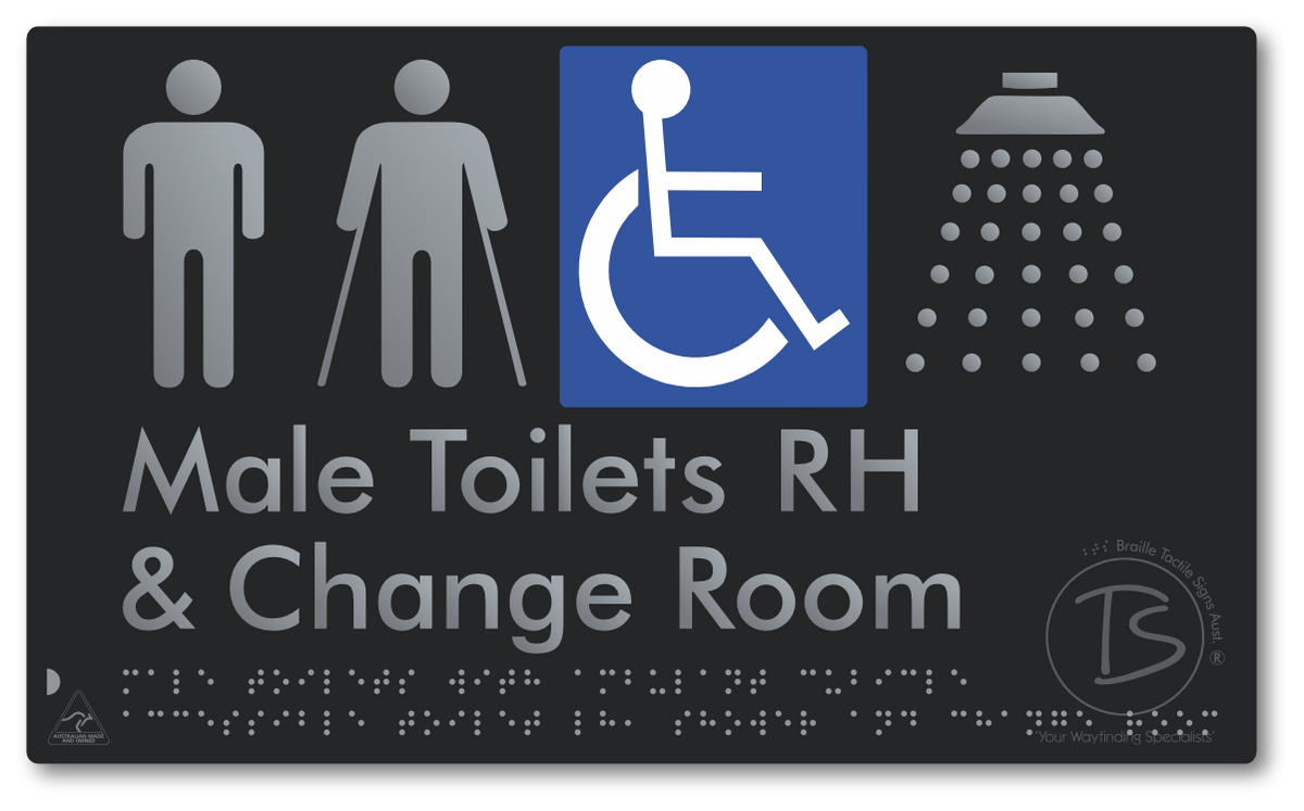 Male Toilets with Ambulant Cubicle Accessible Toilet RH, Shower and Change Room - Braille Tactile Signs Aust.