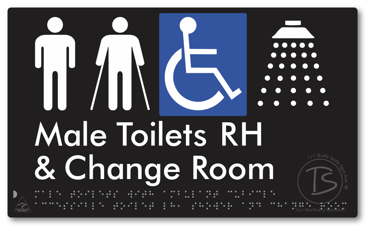 Male Toilets with Ambulant Cubicle Accessible Toilet RH, Shower and Change Room - Braille Tactile Signs Aust.
