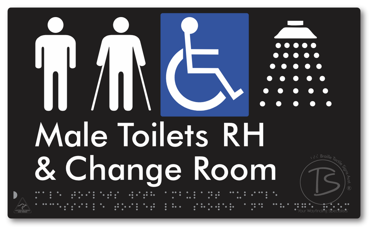 Male Toilets with Ambulant Cubicle Accessible Toilet RH, Shower and Change Room - Braille Tactile Signs Aust.