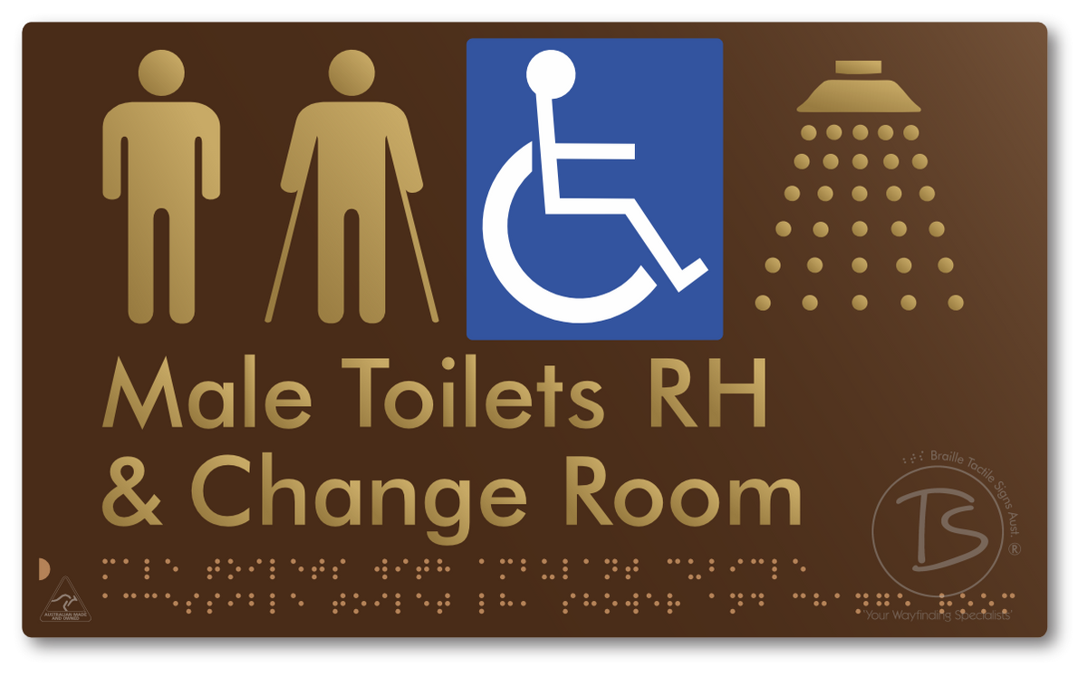 Male Toilets with Ambulant Cubicle Accessible Toilet RH, Shower and Change Room - Braille Tactile Signs Aust.