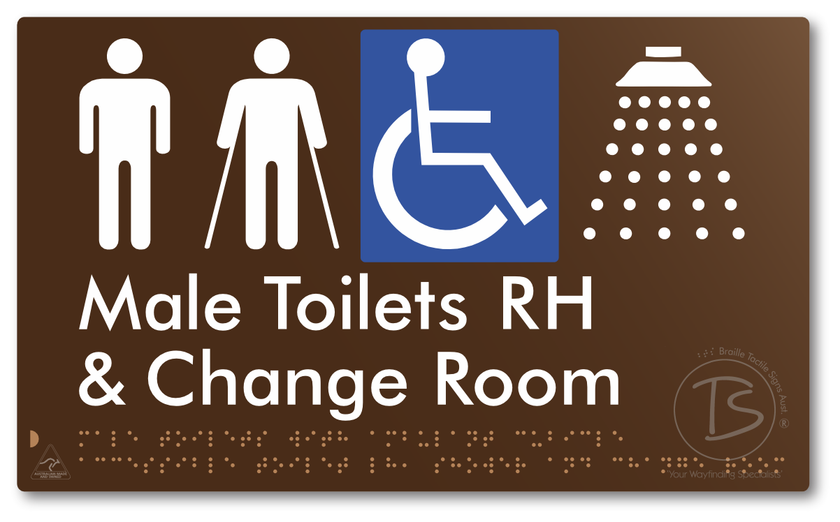Male Toilets with Ambulant Cubicle Accessible Toilet RH, Shower and Change Room - Braille Tactile Signs Aust.