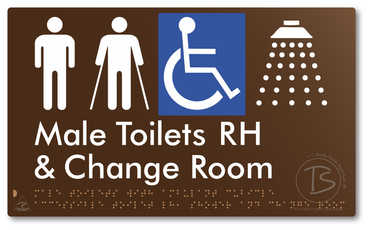 Male Toilets with Ambulant Cubicle Accessible Toilet RH, Shower and Change Room - Braille Tactile Signs Aust.
