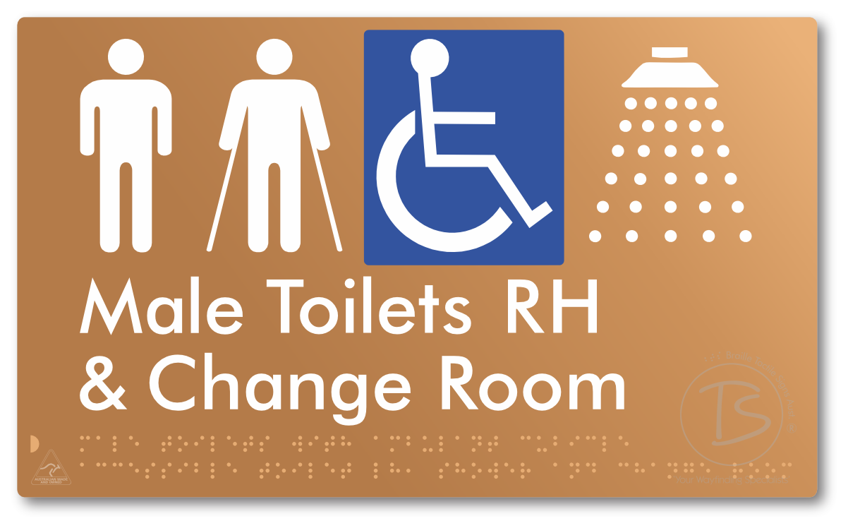 Male Toilets with Ambulant Cubicle Accessible Toilet RH, Shower and Change Room - Braille Tactile Signs Aust.