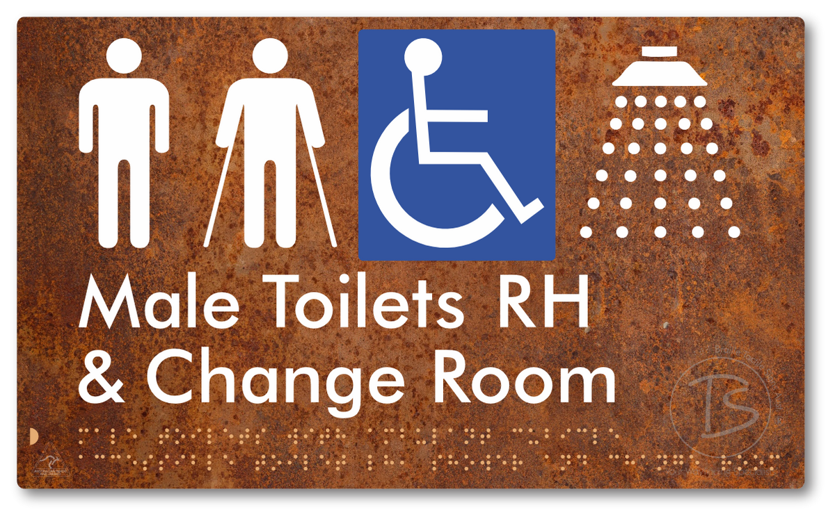 Male Toilets with Ambulant Cubicle Accessible Toilet RH, Shower and Change Room - Braille Tactile Signs Aust.