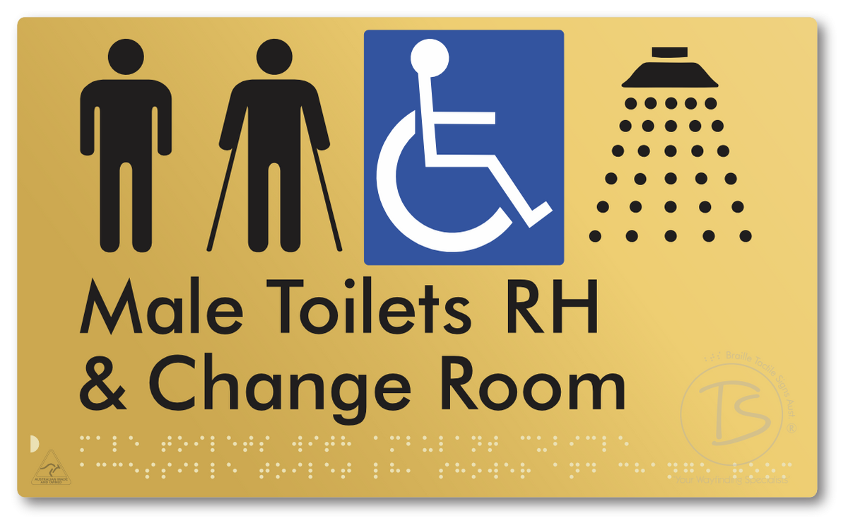 Male Toilets with Ambulant Cubicle Accessible Toilet RH, Shower and Change Room - Braille Tactile Signs Aust.