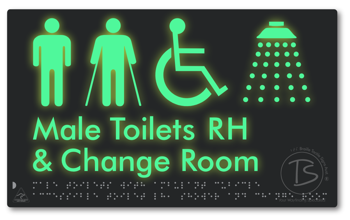 Male Toilets with Ambulant Cubicle Accessible Toilet RH, Shower and Change Room - Braille Tactile Signs Aust.