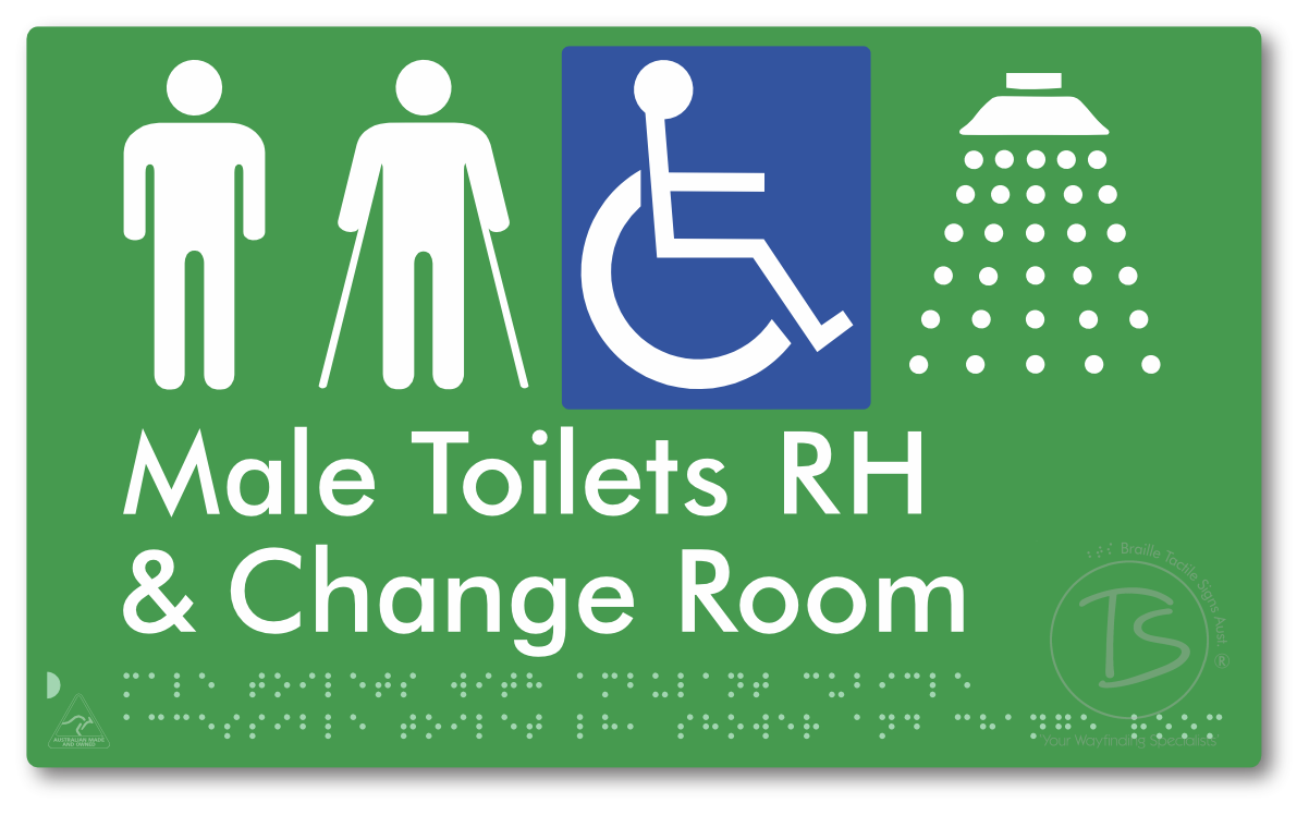 Male Toilets with Ambulant Cubicle Accessible Toilet RH, Shower and Change Room - Braille Tactile Signs Aust.