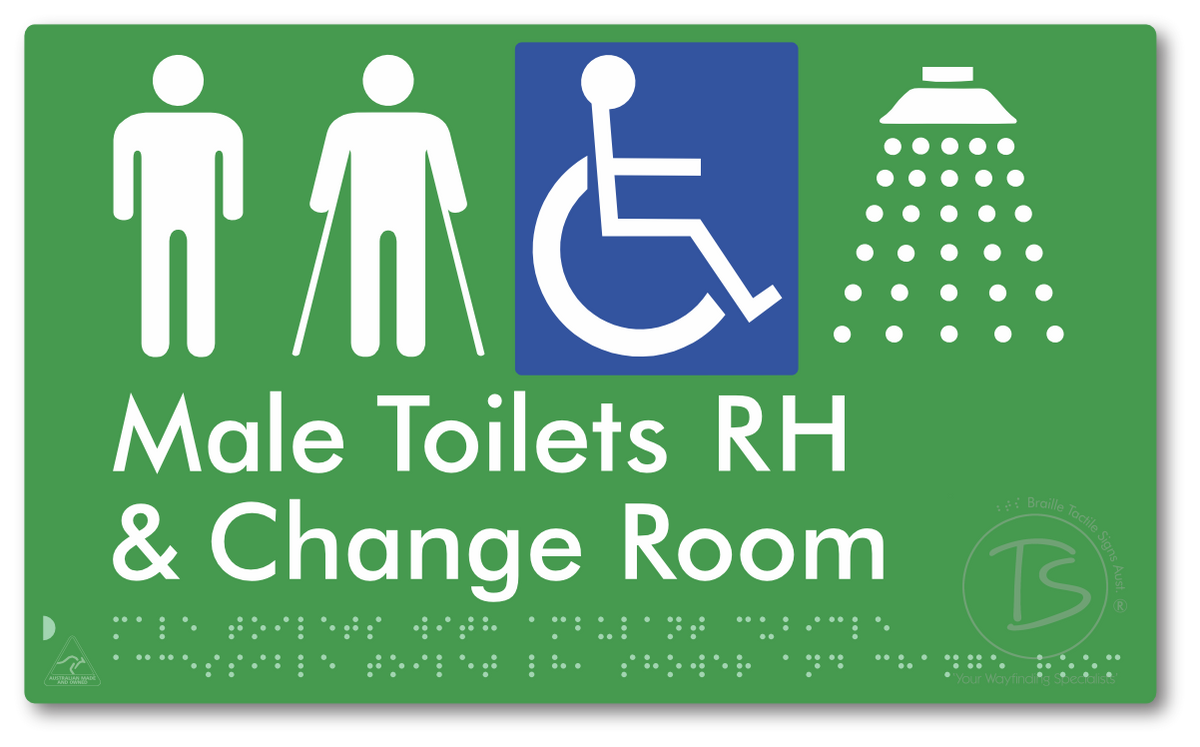 Male Toilets with Ambulant Cubicle Accessible Toilet RH, Shower and Change Room - Braille Tactile Signs Aust.