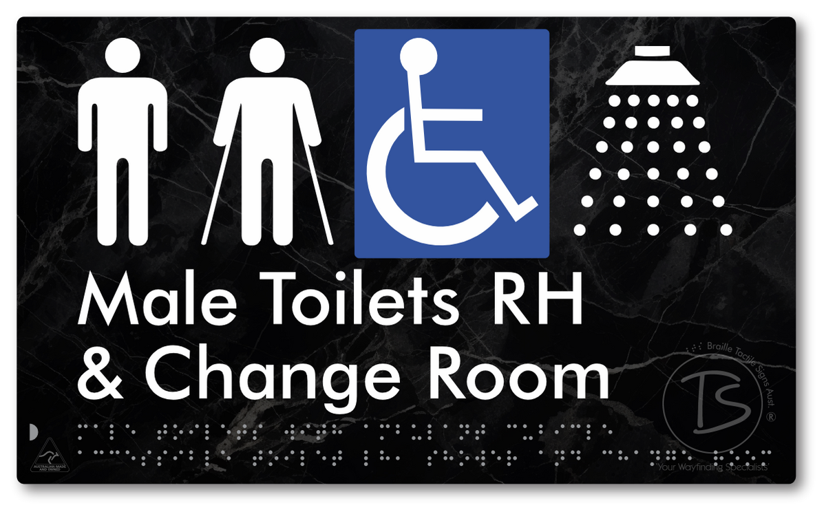 Male Toilets with Ambulant Cubicle Accessible Toilet RH, Shower and Change Room - Braille Tactile Signs Aust.