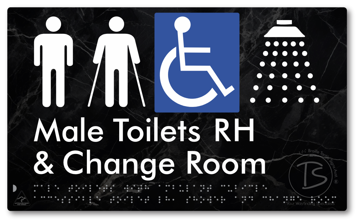 Male Toilets with Ambulant Cubicle Accessible Toilet RH, Shower and Change Room - Braille Tactile Signs Aust.
