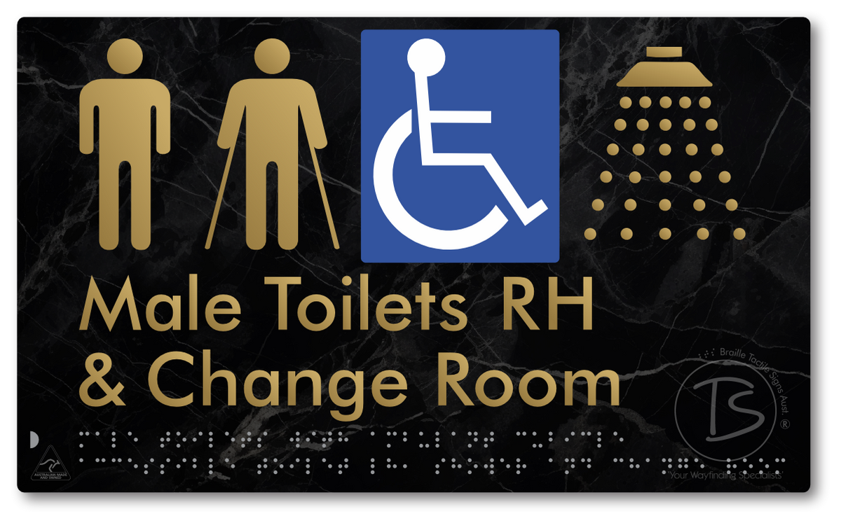 Male Toilets with Ambulant Cubicle Accessible Toilet RH, Shower and Change Room - Braille Tactile Signs Aust.