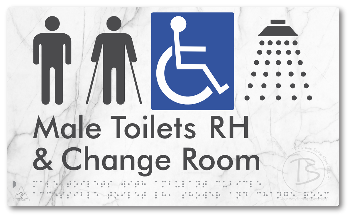 Male Toilets with Ambulant Cubicle Accessible Toilet RH, Shower and Change Room - Braille Tactile Signs Aust.