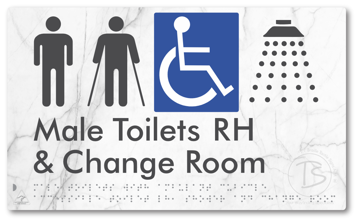 Male Toilets with Ambulant Cubicle Accessible Toilet RH, Shower and Change Room - Braille Tactile Signs Aust.