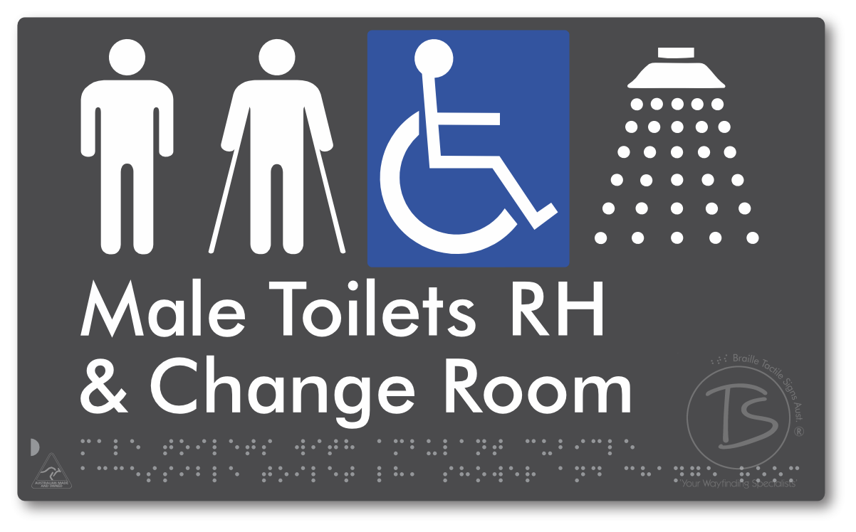 Male Toilets with Ambulant Cubicle Accessible Toilet RH, Shower and Change Room - Braille Tactile Signs Aust.