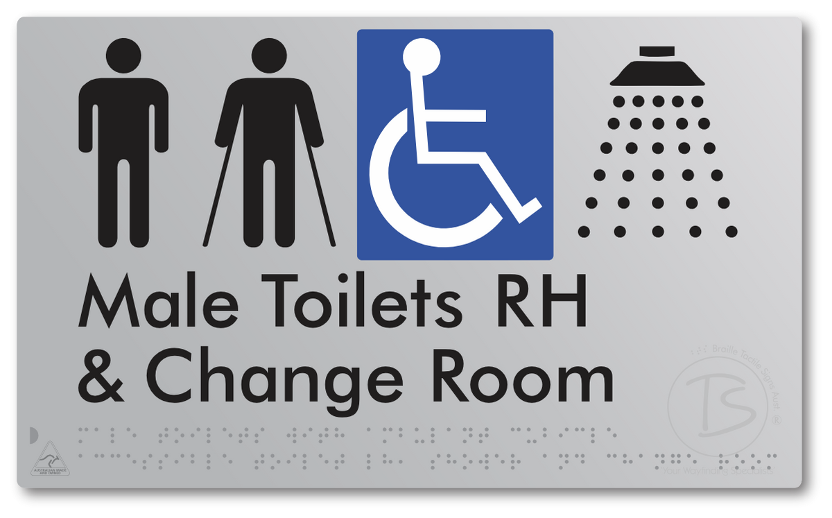 Male Toilets with Ambulant Cubicle Accessible Toilet RH, Shower and Change Room - Braille Tactile Signs Aust.