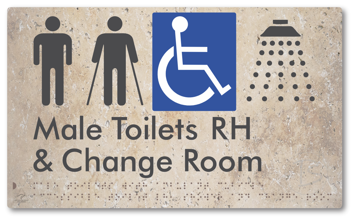 Male Toilets with Ambulant Cubicle Accessible Toilet RH, Shower and Change Room - Braille Tactile Signs Aust.