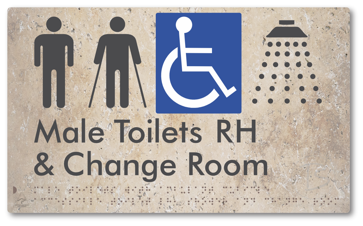 Male Toilets with Ambulant Cubicle Accessible Toilet RH, Shower and Change Room - Braille Tactile Signs Aust.