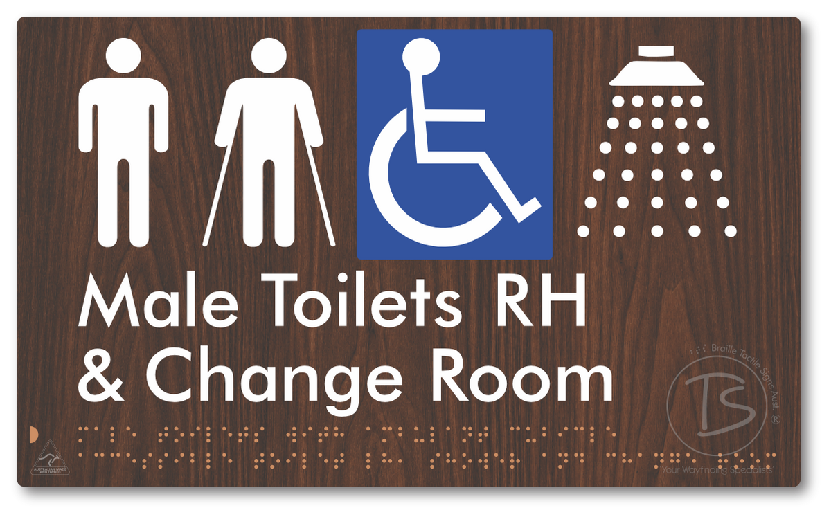 Male Toilets with Ambulant Cubicle Accessible Toilet RH, Shower and Change Room - Braille Tactile Signs Aust.