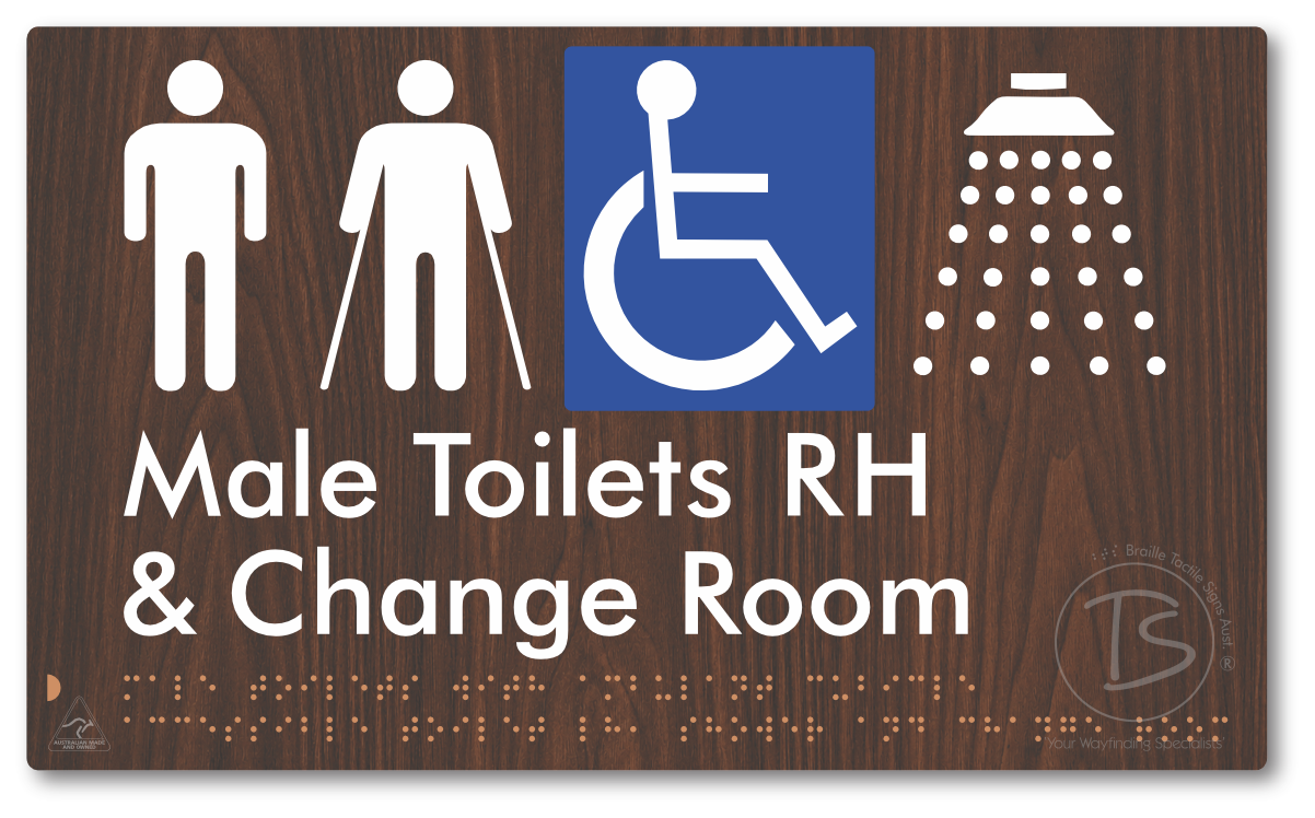 Male Toilets with Ambulant Cubicle Accessible Toilet RH, Shower and Change Room - Braille Tactile Signs Aust.