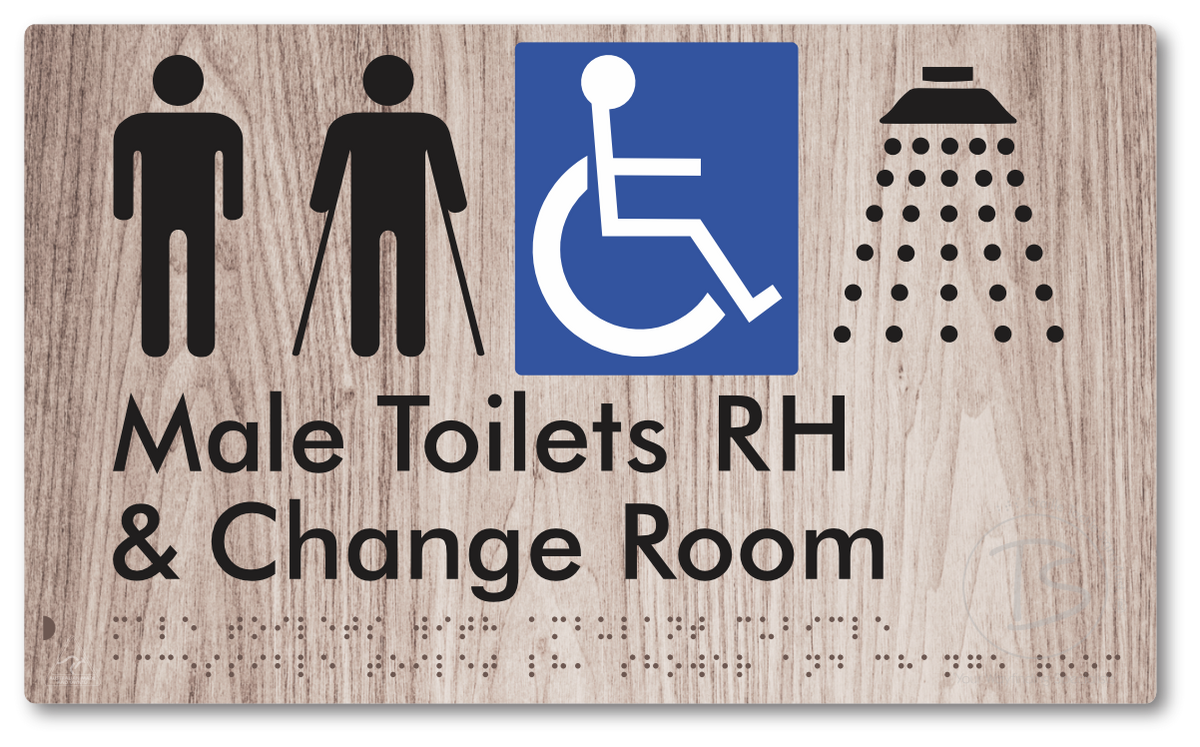 Male Toilets with Ambulant Cubicle Accessible Toilet RH, Shower and Change Room - Braille Tactile Signs Aust.