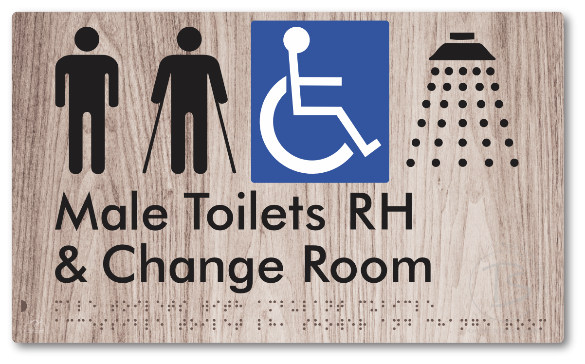 Male Toilets with Ambulant Cubicle Accessible Toilet RH, Shower and Change Room - Braille Tactile Signs Aust.