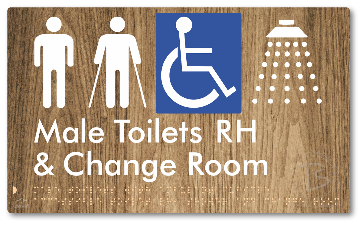 Male Toilets with Ambulant Cubicle Accessible Toilet RH, Shower and Change Room - Braille Tactile Signs Aust.