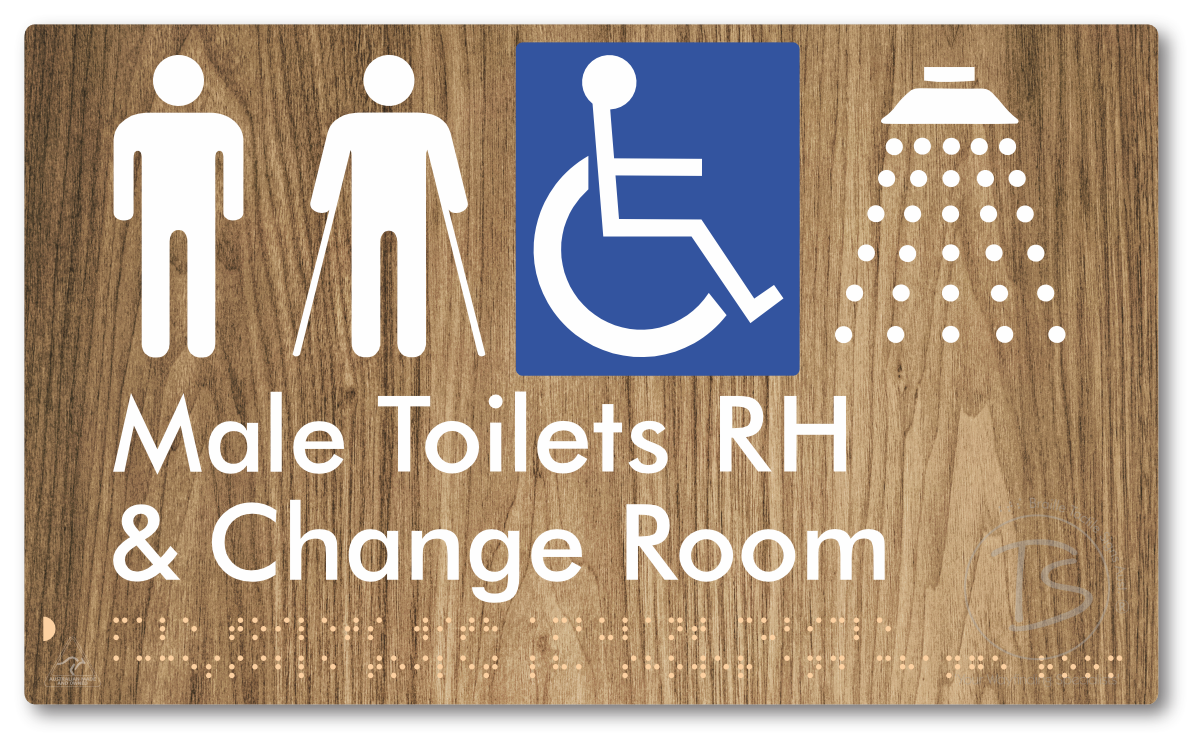 Male Toilets with Ambulant Cubicle Accessible Toilet RH, Shower and Change Room - Braille Tactile Signs Aust.