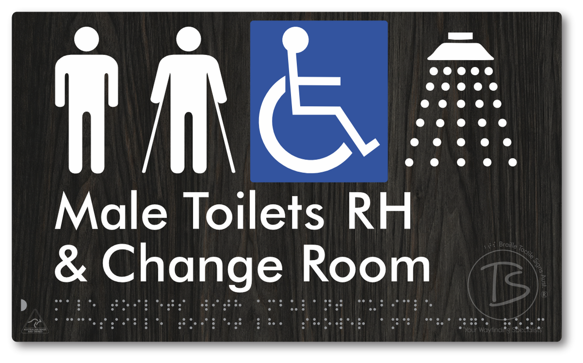 Male Toilets with Ambulant Cubicle Accessible Toilet RH, Shower and Change Room - Braille Tactile Signs Aust.