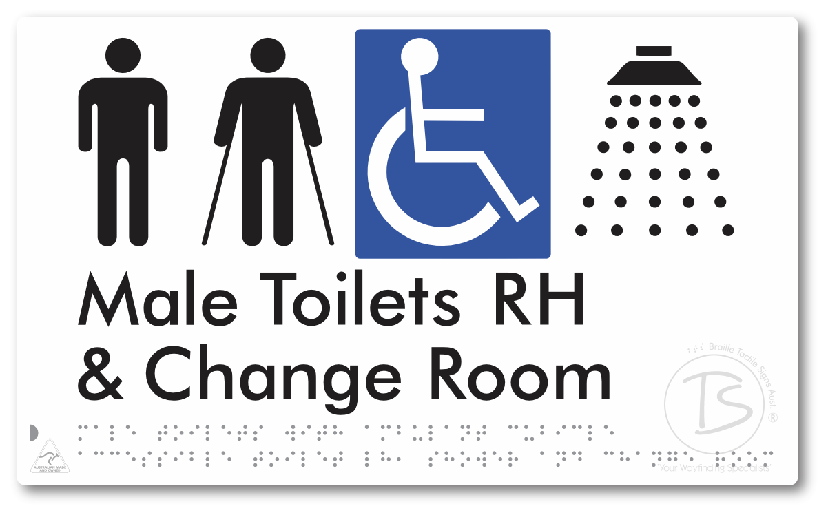 Male Toilets with Ambulant Cubicle Accessible Toilet RH, Shower and Change Room - Braille Tactile Signs Aust.