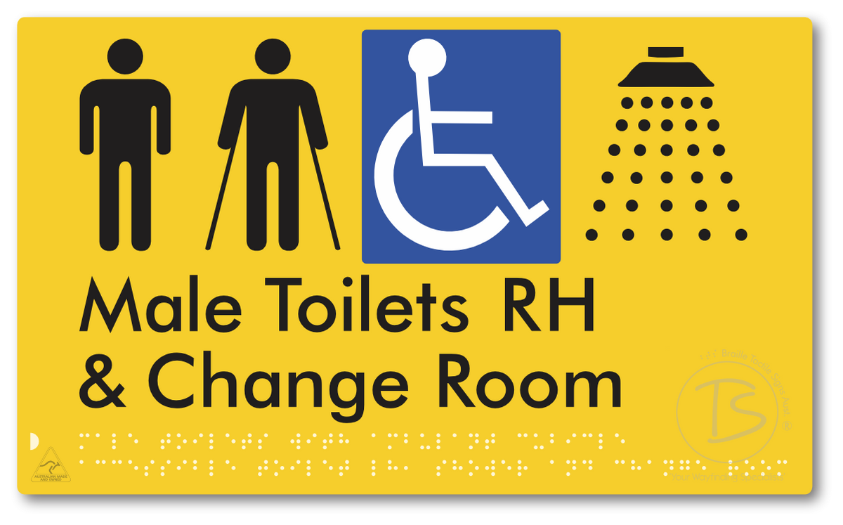 Male Toilets with Ambulant Cubicle Accessible Toilet RH, Shower and Change Room - Braille Tactile Signs Aust.