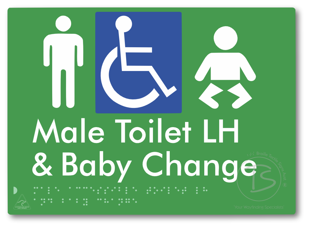 Male Accessible Toilet LH & Baby Change - Braille Tactile Signs Aust.