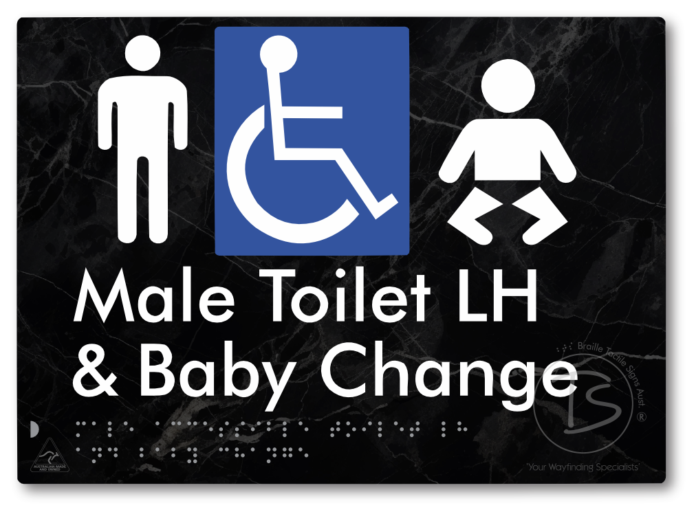 Male Accessible Toilet LH & Baby Change - Braille Tactile Signs Aust.