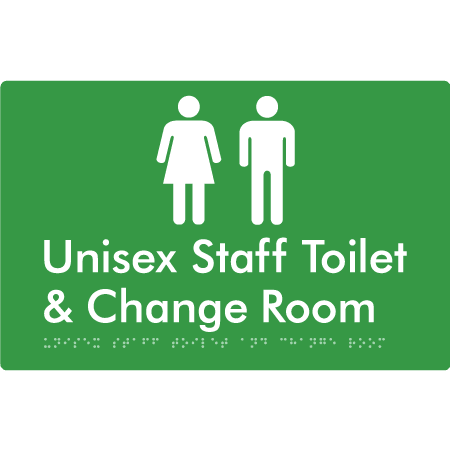 Braille Sign Unisex Staff Toilet & Change Room - Braille Tactile Signs (Aust) - BTS388-grn - Fully Custom Signs - Fast Shipping - High Quality - Australian Made &amp; Owned