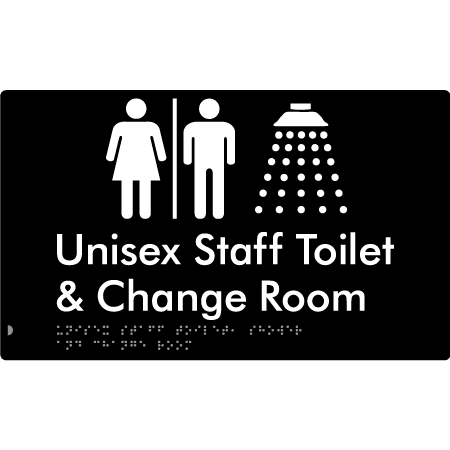 Braille Sign Unisex Staff Toilet, Shower & Change Room with Air Lock - Braille Tactile Signs (Aust) - BTS389-AL-blk - Fully Custom Signs - Fast Shipping - High Quality - Australian Made &amp; Owned