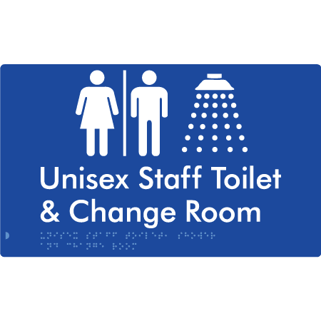 Braille Sign Unisex Staff Toilet, Shower & Change Room with Air Lock - Braille Tactile Signs (Aust) - BTS389-AL-blu - Fully Custom Signs - Fast Shipping - High Quality - Australian Made &amp; Owned