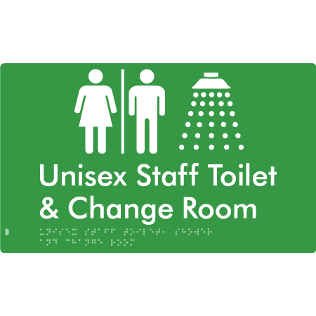 Braille Sign Unisex Staff Toilet, Shower & Change Room with Air Lock - Braille Tactile Signs (Aust) - BTS389-AL-grn - Fully Custom Signs - Fast Shipping - High Quality - Australian Made &amp; Owned