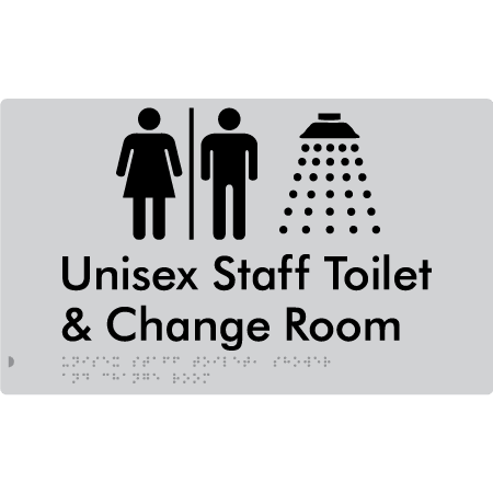 Braille Sign Unisex Staff Toilet, Shower & Change Room with Air Lock - Braille Tactile Signs (Aust) - BTS389-AL-slv - Fully Custom Signs - Fast Shipping - High Quality - Australian Made &amp; Owned