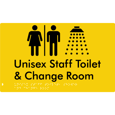 Braille Sign Unisex Staff Toilet, Shower & Change Room with Air Lock - Braille Tactile Signs (Aust) - BTS389-AL-yel - Fully Custom Signs - Fast Shipping - High Quality - Australian Made &amp; Owned